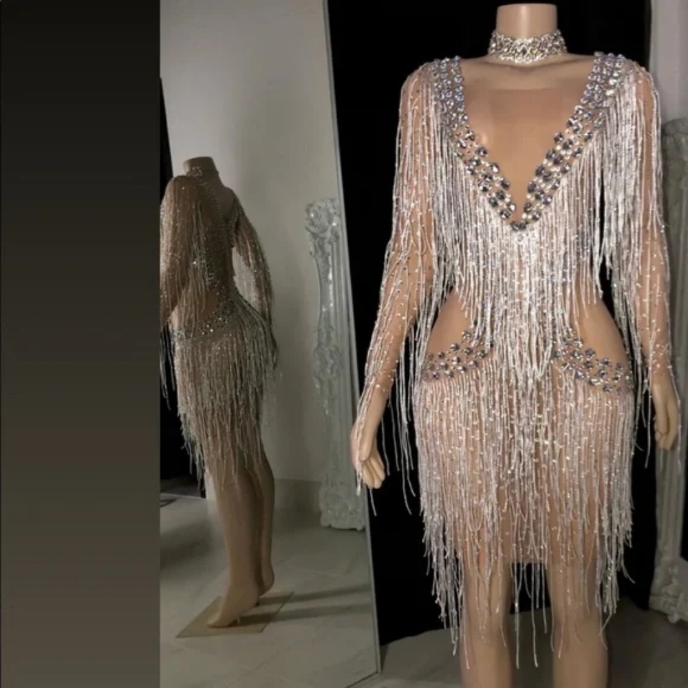Unique Rare Size Large Ice Me Out Bling Birthday Silver Rhinestone Fringe Dress - Picture 2 of 11